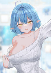 Rule 34 | 1girl, bare shoulders, blue hair, breasts, cleavage, hololive, large breasts, looking at viewer, open mouth, scarlet mirin, short hair, smile, solo, virtual youtuber, yellow eyes, yukihana lamy