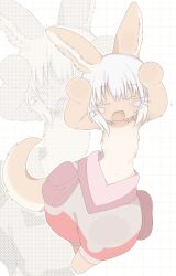 Rule 34 | 1other, androgynous, animal ears, body fur, brown fur, brown shorts, caramelldansen, closed eyes, commentary, fang, full body, furry, grid background, highres, made in abyss, medium bangs, nanachi (made in abyss), open mouth, other focus, rabbit ears, rabbit tail, short hair, shorts, smile, solo, symbol-only commentary, tail, tatososu, traffic light, whiskers, white background, white hair, zoom layer