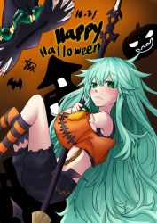 Rule 34 | 1girl, bad id, bad pixiv id, bat wings, broom, capelet, date a live, from side, frown, green eyes, green hair, halloween, hat, highres, holding, holding broom, kneehighs, long hair, looking at viewer, natsumi (date a live), navel, socks, solo, striped clothes, striped socks, thighhighs, very long hair, wings, witch hat