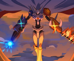 Rule 34 | 1boy, absurdres, cannon, cape, crests (digimon), digimon, fusion, highres, male focus, omegamon, solo, sword, weapon