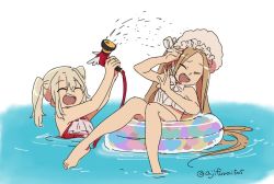 Rule 34 | 2girls, :d, ^ ^, abigail williams (fate), abigail williams (swimsuit foreigner) (fate), abigail williams (swimsuit foreigner) (third ascension) (fate), arm up, arms up, asaya minoru, bare arms, bare legs, bare shoulders, barefoot, bikini, bonnet, bow, brown hair, casual one-piece swimsuit, closed eyes, fate/grand order, fate (series), hair between eyes, hair bow, hand up, holding, hose, hose nozzle, illyasviel von einzbern, illyasviel von einzbern (swimsuit archer), illyasviel von einzbern (swimsuit archer) (second ascension), innertube, light brown hair, long hair, magical ruby, multiple girls, one-piece swimsuit, open mouth, parted bangs, partially submerged, red one-piece swimsuit, smile, strapless, strapless bikini, swim ring, swimsuit, teeth, twintails, twitter username, upper teeth only, very long hair, water, white background, white bikini, white bow, white headwear