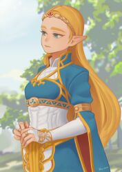 Rule 34 | 1girl, artist name, blonde hair, breasts, bridal gauntlets, closed mouth, expressionless, from side, green eyes, highres, ivy (sena0119), jewelry, long hair, long sleeves, nintendo, outdoors, own hands together, pointy ears, princess zelda, ring, small breasts, solo, standing, the legend of zelda, the legend of zelda: breath of the wild, tree, triforce print, upper body