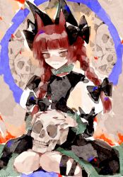 Rule 34 | 1girl, animal ears, black bow, black dress, blunt bangs, bow, braid, cat ears, cat girl, commentary request, dress, feet out of frame, fingernails, frilled dress, frills, hair bow, highres, holding, holding skull, kaenbyou rin, leg strap, long hair, long sleeves, looking at viewer, nail polish, nekomata, orange eyes, puffy sleeves, red hair, red nails, sharp fingernails, sitting, skull, slit pupils, solo, sosei, touhou, twin braids, wariza, wavy mouth