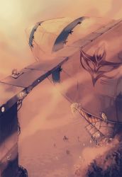 Rule 34 | 6+others, aircraft, bridge, brown theme, day, desert, dirigible, emblem, falling leaves, from above, hazard stripes, in-universe location, leaf, multiple others, outdoors, ragnarok online, sairin, tree