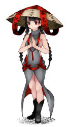 Rule 34 | 1girl, adapted costume, ajirogasa, aoshima, bare arms, bare shoulders, black hair, blunt bangs, boots, bow, braid, breasts, closed mouth, clothing cutout, dress, full body, grey dress, hands up, hat, highres, long hair, looking at viewer, own hands together, red eyes, ribbon, side cutout, sideboob, simple background, sleeveless, sleeveless dress, smile, solo, standing, touhou, turtleneck, turtleneck dress, twin braids, very long hair, white background, yatadera narumi