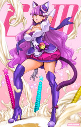 Rule 34 | 10s, 1girl, alternate breast size, animal ears, anklet, blush, boots, breasts, bubble skirt, cat ears, cat tail, choker, cleavage, covered erect nipples, cream, cure macaron, dress, earrings, elbow gloves, extra ears, food-themed hair ornament, full body, gloves, hair ornament, high heel boots, high heels, highres, jewelry, kirakira precure a la mode, kotozume yukari, large breasts, lips, long hair, looking at viewer, macaron hair ornament, no bra, parted lips, precure, purple eyes, purple footwear, purple hair, purple skirt, purple thighhighs, ribbon, satou shouji, shiny skin, skirt, solo, tail, teeth, thigh boots, thighhighs, wavy hair, white gloves