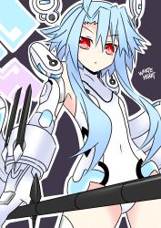 Rule 34 | 10s, 1girl, absurdres, ahoge, axe, bad id, bad pixiv id, blanc (neptunia), blue hair, blush, character name, gloves, highres, kisaragi (kisaragi0930), leotard, long hair, looking at viewer, neptune (series), open mouth, power symbol, power symbol-shaped pupils, red eyes, short hair with long locks, sidelocks, solo, symbol-shaped pupils, weapon, white heart (neptunia)