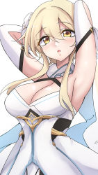 Rule 34 | 1girl, armpits, arms behind head, blonde hair, blush, breasts, flower, genshin impact, hair ornament, highres, large breasts, looking at viewer, lumine (genshin impact), mistynight, open mouth, white background, yellow eyes