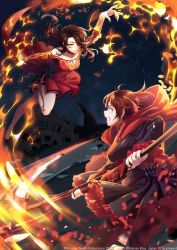 Rule 34 | 2girls, cinder fall, fighting, fire, holding, holding weapon, lowah, multiple girls, official art, ruby rose, rwby, smile, smirk, weapon
