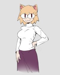 Rule 34 | 1girl, :3, animal ears, arcueid brunestud, blonde hair, breasts, cat ears, commentary, cropped legs, english commentary, gazuwu, grey background, hand on own hip, large breasts, neco-arc, purple skirt, simple background, skirt, solo, sweater, tsukihime, turtleneck, turtleneck sweater, white sweater