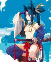 Rule 34 | 1girl, :o, armor, asymmetrical clothes, asymmetrical sleeves, bchan1582, blue eyes, blue sky, breast curtains, breasts, cloud, detached sleeves, fate/grand order, fate (series), feather hair ornament, feathers, hair ornament, hand up, hat, highres, japanese armor, katana, kusazuri, long hair, outdoors, parted bangs, purple sleeves, revealing clothes, side ponytail, single pantsleg, sky, small breasts, solo, squatting, sword, tate eboshi, thighs, ushiwakamaru (fate), weapon, white sleeves