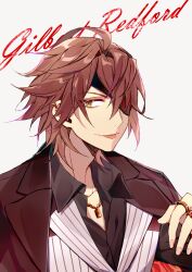 Rule 34 | 1boy, brown hair, character name, ear piercing, eyepatch, gilbert redford, highres, jewelry, kiki0001616, male focus, messy hair, necklace, piercing, piofiore no bansho, ring, simple background, solo, tongue, tongue out, upper body, white background, yellow eyes