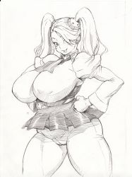 Rule 34 | 10s, 1girl, bonten, breasts, cameltoe, cleavage, curvy, covered erect nipples, female focus, gundam, gundam build fighters, gundam build fighters try, hand on own hip, highres, huge breasts, looking at viewer, monochrome, parted lips, plump, sazaki kaoruko, solo, standing, thick thighs, thighs, toned, white background, wide hips