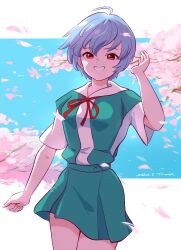 Rule 34 | 1girl, absurdres, ahoge, artist name, ayanami rei, blue background, blue hair, blue sky, border, bow, bowtie, branch, breasts, cherry blossoms, clenched hand, collared shirt, commentary, cowboy shot, dated, day, dress shirt, falling petals, green skirt, grin, hair between eyes, hand up, highres, letterboxed, looking at viewer, medium breasts, neck ribbon, neon genesis evangelion, outdoors, outside border, parted lips, petals, pink petals, red bow, red bowtie, red eyes, red ribbon, ribbon, school uniform, shirt, short hair, short sleeves, signature, skirt, sky, smile, solo, standing, suspender skirt, suspenders, tokyo-3 middle school uniform, tree, tsunemoku, uniform, white border, white shirt, wind
