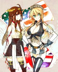 Rule 34 | 10s, 2girls, ahoge, american flag, american flag legwear, american flag panties, american flag print, asymmetrical legwear, bad id, bad twitter id, bare shoulders, belt, black legwear, blonde hair, blue eyes, blue legwear, blush, boots, breasts, bridal garter, brown hair, brown legwear, buckle, buttons, cleavage, closed mouth, crop top, detached sleeves, double bun, elbow gloves, fingerless gloves, frilled skirt, frills, front-tie top, garter straps, gloves, grey hat, hair between eyes, hair bun, hairband, hands on own hips, hat, headgear, iowa (kancolle), jewelry, kantai collection, kongou (kancolle), kvlen, large breasts, long hair, looking at viewer, machinery, miniskirt, mismatched legwear, multiple girls, navel, neck ring, nontraditional miko, open clothes, open shirt, pleated skirt, print panties, purple eyes, red legwear, ribbon-trimmed sleeves, ribbon trim, shiatoru suupaa hiiro, shirt, single hair bun, sketch, skirt, sleeveless, sleeveless shirt, smile, star-shaped pupils, star (symbol), stomach, striped clothes, striped legwear, striped thighhighs, symbol-shaped pupils, thigh boots, thighhighs, unbuttoned, underwear, union jack, vertical-striped clothes, vertical-striped thighhighs, wrist cuffs, zettai ryouiki