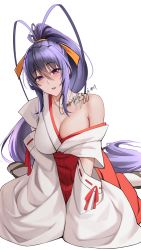 Rule 34 | 1girl, :o, antenna hair, black hair, blush, breasts, cleavage, collarbone, commentary, commission, detached sleeves, female focus, hair between eyes, hair ribbon, hakama, hakama skirt, high ponytail, high school dxd, highres, himejima akeno, japanese clothes, large breasts, long hair, looking at viewer, miko, mixed-language commentary, open mouth, orange ribbon, ponytail, purple eyes, purple hair, red hakama, ribbon, shizuko hideyoshi, signature, simple background, single bare shoulder, sitting, skirt, slippers, socks, solo, strap slip, very long hair, wariza, white background, wide sleeves, yellow ribbon