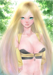 Rule 34 | 1990s (style), 1girl, bad id, bad pixiv id, blonde hair, blue eyes, breasts, celes chere, cleavage, female focus, final fantasy, final fantasy vi, highres, large breasts, long hair, midriff, nature, noromi, outdoors, solo