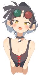 Rule 34 | 1girl, 3d glasses, an-an lee, bare shoulders, black choker, black hair, black shirt, blunt bangs, blush, breasts, choker, cleavage, collarbone, eyewear on head, fang, front-tie top, highres, looking at viewer, navel, open mouth, rasusurasu, reverse:1999, shirt, short hair, simple background, skin fang, small breasts, solo, white background, yellow eyes, yin yang