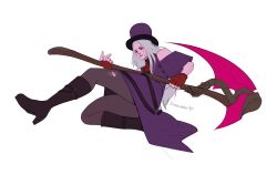 Rule 34 | 1other, alternate color, androgynous, ascot, bare shoulders, black pantyhose, fingerless gloves, gloves, grey hair, guilty gear, guilty gear strive, hat, highres, holding, holding scythe, long hair, looking at viewer, other focus, pantyhose, purple hat, purple lips, red ascot, red eyes, red gloves, scythe, testament (guilty gear), top hat, xenosweater