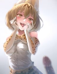 Rule 34 | 10s, 1girl, animal ears, bad id, bad pixiv id, blonde hair, blurry, blush, bow, bowtie, breasts, cum, elbow gloves, gloves, hands on own cheeks, hands on own face, heart, heart-shaped pupils, highres, ishihara (kuniyoshi), kemono friends, looking at viewer, open mouth, penis, print bow, print gloves, saliva, serval (kemono friends), serval print, short hair, small breasts, solo focus, symbol-shaped pupils, tongue, tongue out, white gloves, yandere trance, yellow eyes