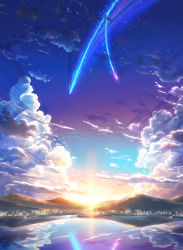 Rule 34 | 10s, absurdres, cloud, cloudy sky, comet, day, highres, kimi no na wa., lake, no humans, reflection, reflective pool, reflective water, scenery, sky, star (sky), starry skuy, starry sky, sunlight, unknown007