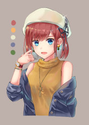 Rule 34 | 1girl, absurdres, bad id, bad pixiv id, blue eyes, breasts, deco (fj eel), hat, highres, jacket, jewelry, kairi (kingdom hearts), kingdom hearts, kingdom hearts iii, looking at viewer, necklace, open mouth, red hair, short hair, simple background, sleeveless, smile, solo, sweater, turtleneck, turtleneck sweater, watch