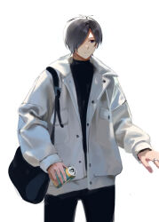 Rule 34 | 1boy, absurdres, aiba ibuki, alternate costume, baegsug, bag, black bag, black hair, black pants, black sweater, can, closed mouth, commentary request, cowboy shot, hair over one eye, highres, holding, holding can, jacket, jewelry, korean commentary, long sleeves, male focus, open clothes, open jacket, pants, purple eyes, ring, saibou shinkyoku, shoulder bag, simple background, smile, solo, sweater, turtleneck, turtleneck sweater, white background, white jacket