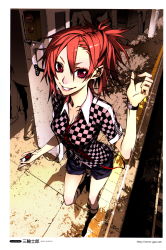 Rule 34 | 1girl, absurdres, artist name, blouse, breasts, casual, checkered clothes, checkered shirt, cleavage, digital media player, earphones, eyelashes, foreshortening, from above, grin, hair between eyes, highres, ipod, looking at viewer, miwa shirow, necktie, original, polo shirt, red eyes, red hair, shirt, short hair, short shorts, short sleeves, shorts, shure, smile, socks, solo focus, subway, taut clothes, taut shirt, train station, watch, watermark, wristwatch