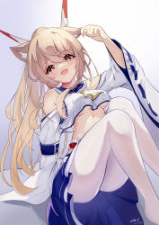 Rule 34 | 1girl, absurdres, animal ears, ayanami (azur lane), azur lane, blonde hair, blue skirt, breasts, cat ears, commentary, dated, detached sleeves, feng1180, grey background, highres, kemonomimi mode, long hair, long sleeves, looking at viewer, medium breasts, midriff, open mouth, pantyhose, pleated skirt, ponytail, red eyes, retrofit (azur lane), sailor collar, sidelocks, signature, simple background, sitting, skirt, solo, underboob, white pantyhose, wide sleeves