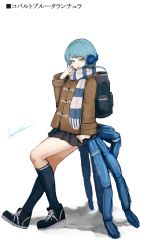 Rule 34 | 1girl, :p, backpack, bag, blue hair, bug, coat, earmuffs, finger to cheek, full body, green eyes, hand on leg, highres, arthropod girl, lansane, long sleeves, looking at viewer, original, personification, pleated skirt, scarf, shadow, shoes, short hair, skirt, sneakers, socks, solo, spider, spider girl, arthropod limbs, tongue, tongue out, translation request, white background