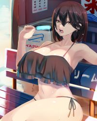 Rule 34 | 1girl, armpits, bare shoulders, bench, bikini, black bikini, black hair, breasts, cleavage, food, highres, large breasts, looking at viewer, medium hair, navel, open mouth, original, popsicle, shiki (psychedelic g2), sitting, solo, swimsuit, teeth, wet, yellow eyes
