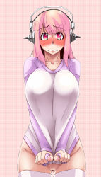 Rule 34 | 1girl, blush, bottomless, breasts, censored, collarbone, covered erect nipples, covering privates, covering crotch, embarrassed, groin, headphones, huge breasts, kurozako, large breasts, naked shirt, nitroplus, no pupils, pink eyes, pink hair, pussy, raglan sleeves, shirt, shirt tug, short hair, solo, super sonico, thighhighs, white thighhighs