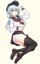 Rule 34 | 1girl, arm up, ass, beige background, black footwear, black skirt, black thighhighs, blouse, blue eyes, cold (hoshinoskull), commentary request, flat cap, full body, hair between eyes, hat, hibiki (kancolle), kantai collection, long hair, long sleeves, looking at viewer, midriff, neckerchief, open mouth, panties, pleated skirt, red neckerchief, school uniform, serafuku, shirt, shoes, silver hair, simple background, skirt, solo, thighhighs, underwear, white panties, white shirt