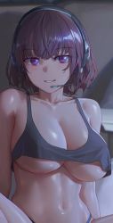 Rule 34 | 1girl, absurdres, bare shoulders, black camisole, blurry, blurry background, breasts, camisole, cleavage, collarbone, commentary, crop top, free style (yohan1754), headset, highres, large breasts, looking at viewer, navel, no bra, original, panties, parted lips, purple eyes, short hair, skindentation, smile, solo, spread legs, strap gap, underboob, underwear