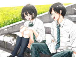 Rule 34 | 1boy, 1girl, :d, black footwear, black hair, black socks, blush, bob cut, bow, bowtie, cat, checkered pants, closed eyes, commentary request, feet out of frame, field, flower, flower field, green bow, green bowtie, green necktie, hands on own knees, head tilt, highres, kneehighs, knees to chest, loafers, loose necktie, necktie, open mouth, original, petals, plaid, plaid bow, plaid bowtie, plaid neckwear, plaid skirt, rapeseed blossoms, school uniform, shirt, shoes, short hair, signature, sitting, skirt, sleeves past elbows, smile, socks, soragane (banisinngurei), stairs, stone stairs, striped necktie, striped neckwear, teeth, uniform, untucked shirt, upper teeth only, white shirt