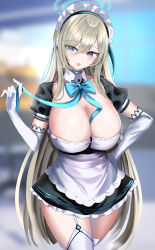 Rule 34 | 1girl, absurdres, apron, asuna (blue archive), black dress, blue archive, blue neckwear, blush, bow, bowtie, breasts, choker, cleavage, dress, elbow gloves, gloves, halo, hanasaka houcha, headphones, highres, huge filesize, large breasts, light brown hair, long hair, maid headdress, mole, mole on breast, neck ribbon, puffy short sleeves, puffy sleeves, ribbon, short sleeves, smile, white apron, white gloves