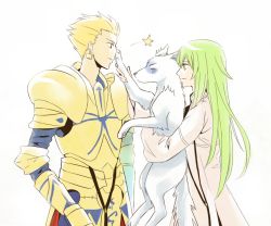 Rule 34 | 2boys, androgynous, armor, blonde hair, earrings, enkidu (fate), fate/stay night, fate/strange fake, fate (series), gilgamesh (fate), green eyes, green hair, jewelry, long hair, male focus, multiple boys, red eyes, white background, wolf, yeichi