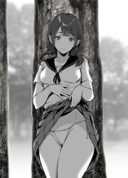 Rule 34 | 1girl, against tree, blush, clothes lift, collarbone, comic, embarrassed, forest, gentsuki, greyscale, groin, hand on own stomach, head tilt, highres, legs together, lifted by self, lips, looking at viewer, medium hair, monochrome, nature, original, outdoors, panties, pleated skirt, sailor collar, school uniform, short twintails, side-tie panties, skirt, skirt lift, solo, tree, twintails, underwear