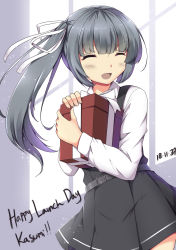 Rule 34 | 1girl, ^ ^, belt, belt buckle, black belt, black dress, blush, buckle, closed eyes, commentary, cowboy shot, dated, day, dress, english text, gift, grey hair, hair ribbon, highres, holding, holding gift, hugging object, kantai collection, kasumi (kancolle), kasumi kai ni (kancolle), long hair, long sleeves, open mouth, pinafore dress, pleated dress, ribbon, sheita, shirt, shoes, side ponytail, sleeveless, sleeveless dress, solo, sparkle, standing, sunlight, white ribbon, white shirt, window shadow