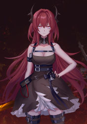 Rule 34 | 1girl, arknights, bare arms, bare shoulders, belt, black belt, black dress, black thighhighs, breasts, cleavage, collarbone, commentary, cowboy shot, detached collar, dress, frown, hair between eyes, hair intakes, hand on own hip, highres, horns, kong (ksw2801), long hair, looking at viewer, medium breasts, pink eyes, red hair, revision, sleeveless, sleeveless dress, solo, standing, surtr (arknights), thigh strap, thighhighs, very long hair, zettai ryouiki