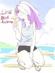 Rule 34 | 10s, 1girl, alternate costume, collarbone, copyright name, hair over one eye, highres, holding, little witch academia, long hair, mushroom, pink hair, red eyes, saitou kengo, short shorts, shorts, sitting, slippers, solo, sucy manbavaran, tank top