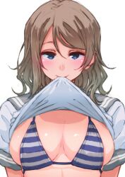 Rule 34 | 1girl, ayumu-k, blue eyes, blush, brown hair, clothes lift, commentary request, highres, looking at viewer, love live!, love live! sunshine!!, shirt lift, short hair, simple background, smile, solo, striped, swimsuit, tan, tanline, watanabe you, wavy hair