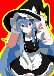 Rule 34 | @ @, animal ears, apron, apron tug, back bow, bandaged head, bandages, black skirt, black vest, blood, bloody bandages, blue hair, bow, braid, buttons, cosplay, cowboy shot, drop shadow, hair between eyes, hair bow, hat, hat bow, highres, holding, holding clothes, holding hat, indie virtual youtuber, kirisame marisa, kirisame marisa (cosplay), long hair, lop rabbit ears, noiriririri, para (vtuber), rabbit ears, red background, red eyes, shirt, short sleeves, side braid, single braid, single sidelock, skirt, touhou, triangle mouth, very long hair, vest, waist apron, white bow, white shirt, witch hat