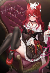 Rule 34 | 1girl, ;), alcohol, animal ear fluff, animal ears, armchair, bare shoulders, black choker, black dress, black thighhighs, blush, breasts, cat ears, cat girl, cat tail, chair, choker, closed mouth, collarbone, commentary, copyright request, crossed legs, cup, dress, drinking glass, feet out of frame, frilled dress, frilled sleeves, frills, hair between eyes, happy birthday, highres, holding, holding cup, long sleeves, looking at viewer, machi (7769), medium breasts, off-shoulder dress, off shoulder, on chair, one eye closed, red eyes, red footwear, red hair, shoes, smile, solo, tail, thighhighs, v-shaped eyebrows, virtual youtuber, wide sleeves, wine, wine glass