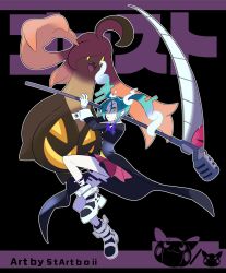 Rule 34 | aqua hair, black footwear, black jacket, collared shirt, cosplay, creatures (company), fangs, game freak, gen 6 pokemon, ghost, ghost miku (project voltage), glitch, gloves, gourgeist, gradient hair, hatsune miku, highres, holding, holding scythe, jacket, long hair, long sleeves, maka albarn, maka albarn (cosplay), microphone, miniskirt, multicolored hair, nintendo, pale skin, pleated skirt, pokemon, pokemon (creature), project voltage, red skirt, scythe, shirt, skirt, soul eater, startboii, twintails, vocaloid, white gloves, will-o&#039;-the-wisp (mythology), yellow eyes