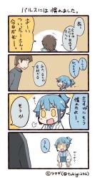 Rule 34 | 0 0, 1boy, 1girl, 4koma, :d, puff of air, artist name, black hair, blue hair, blue shirt, blue skirt, cellphone, collared shirt, comic, commentary request, grey shirt, hair tie, holding, holding phone, lab coat, notice lines, open mouth, personification, phone, shirt, short ponytail, sidelocks, skirt, smartphone, smile, translation request, trembling, tsukigi, twitter, twitter-san, twitter-san (character), twitter username, yellow eyes