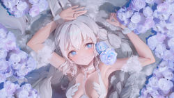 Rule 34 | + +, 1girl, :d, absurdres, alternate breast size, animal ears, armpits, arms up, azur lane, blue eyes, blush, braid, breasts, dingding (chongsangjun), flower, from above, grin, highres, le malin (listless lapin) (azur lane), long hair, looking at viewer, lying, medium breasts, on back, open mouth, parted lips, rabbit ears, revealing clothes, rose, smile, twin braids, upper body, very long hair, white flower, white hair, white rose, wrist cuffs