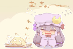 Rule 34 | 1girl, blush, book, chibi, crescent, dog, dress, drooling, fang, female focus, hat, hazuki ruu, long hair, mukyuu, open mouth, patchouli knowledge, pink dress, purple hair, solo, standing, tail, tail wagging, tears, touhou, translation request, wavy mouth