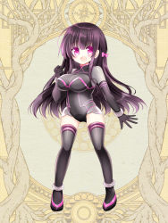 Rule 34 | 1girl, black gloves, black thighhighs, bow, breasts, dairoku ryouhei, elbow gloves, full body, gloves, hair bow, large breasts, leotard, long hair, looking at viewer, open mouth, purple eyes, purple hair, shikito (yawa0w0), solo, standing, thighhighs