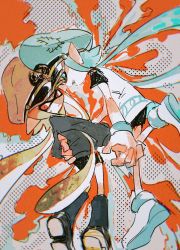 Rule 34 | 2girls, black shorts, blue eyes, blue hair, boots, dotted background, dress, frown, full body, grey footwear, grey hair, guifan, gun, hat, holding, holding hands, holding weapon, inkling, inkling girl, inkling player character, long hair, long sleeves, looking at another, looking away, multiple girls, nintendo, open mouth, orange background, orange eyes, orange hair, patchwork clothes, pointy ears, rifle, shoes, short shorts, short sleeves, shorts, smile, splatoon (series), standing, sweatdrop, weapon, white background, white dress, white footwear